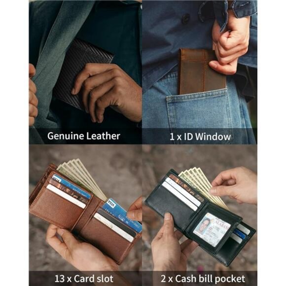 Mens Wallet Bifold Genuine Leather RFID Blocking Wallet for Men with 1 ID Window - Picture 3 of 7